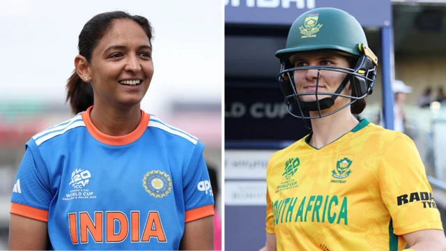 Split image of Harmanpreet Kaur (wearing a blue t-shirt with orange India text on the chest, smiling) and Laura Wolvaardt (wearing a yellow South Africa shirt and dark green helmet)