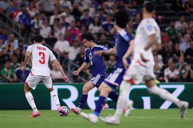Ayase Ueda #18 of Japan scores his team's second goal during the FIFA World Cup 2026 Group F match between Tunisia and Japan at Monterrey Stadium