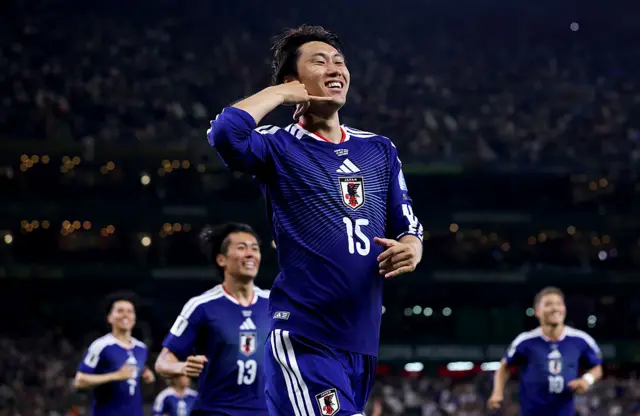 Daichi Kamada #15 of Japan celebrates scoring his team's first goal during the FIFA World Cup 2026 Group F match between Tunisia and Japan at Monterrey Stadium