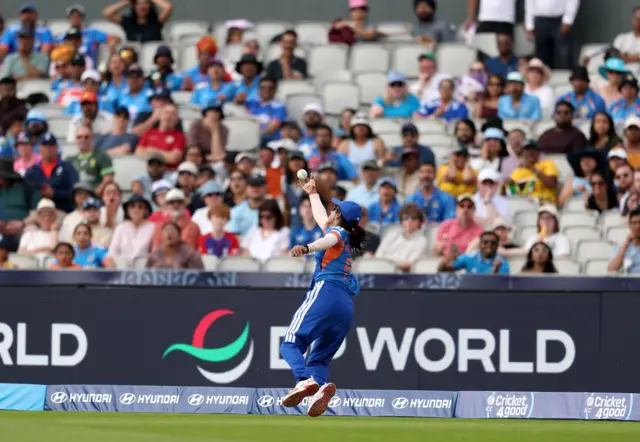 Nandini Sharma of India attempts a catch on the boundary during the ICC Women's T20 World Cup Group A match between South Africa and India at Old Trafford Cricket Ground