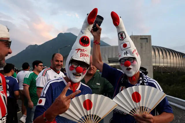 Japanese fans wear costumes ahead of the 2026 World Cup Group F football match between Tunisia and Japan at the Monterrey Stadium in Guadalupe, Mexico