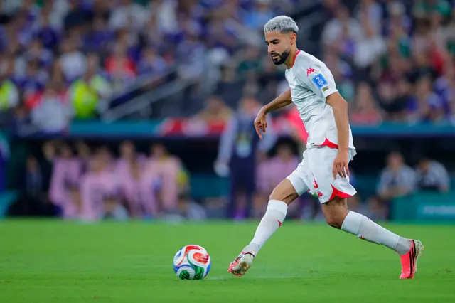 Elias Saad of Tunisia controls the ball during the FIFA World Cup 2026 Group F match between Tunisia and Japan at Monterrey Stadium
