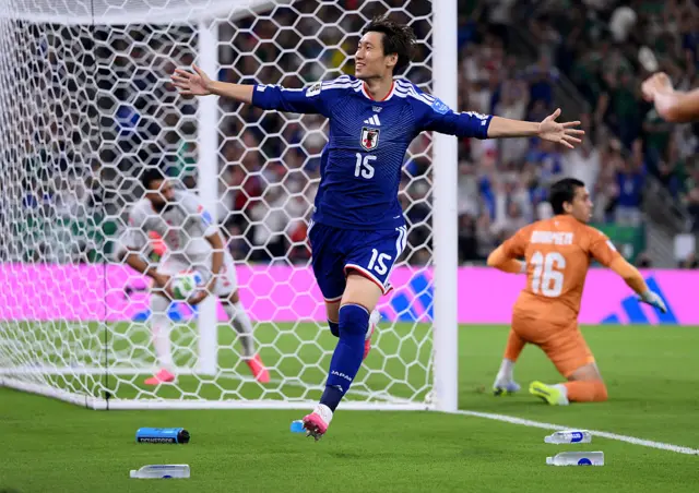 Daichi Kamada #15 of Japan celebrates scoring his team's first goal during the FIFA World Cup 2026 Group F match between Tunisia and Japan