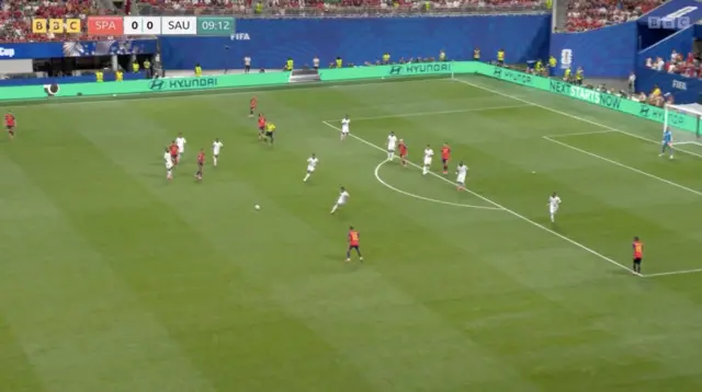 Image showing Spain two against one against Saudi Arabia's defensive shape