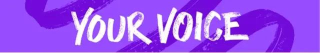 A purple banner with the words "your voice" written in white.