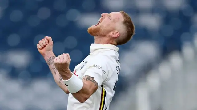 Ben Stokes roars with delight after taking a wicket