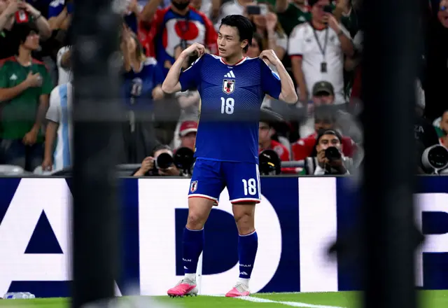 Ayase Ueda #18 of Japan celebrates scoring his team's second goal during the FIFA World Cup 2026 Group F match between Tunisia and Japan at Monterrey Stadium