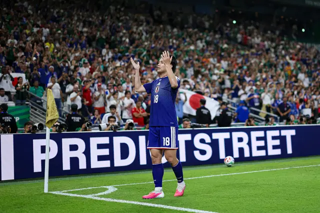 yase Ueda of Japan celebrates after scoring his team's second goal during the FIFA World Cup 2026 Group F match between Tunisia and Japan at Monterrey Stadium