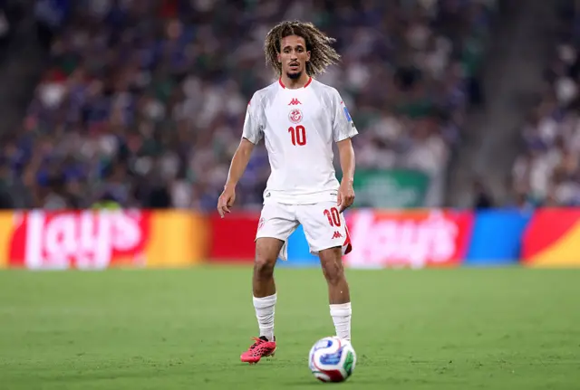 Hannibal Mejbri #10 of Tunisia controls the ball during the FIFA World Cup 2026 Group F match between Tunisia and Japan at Monterrey Stadium