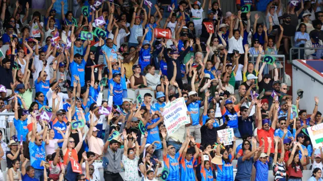 India fans during the ICC Women's T20 World Cup match at Emirates Old Trafford, Manchester