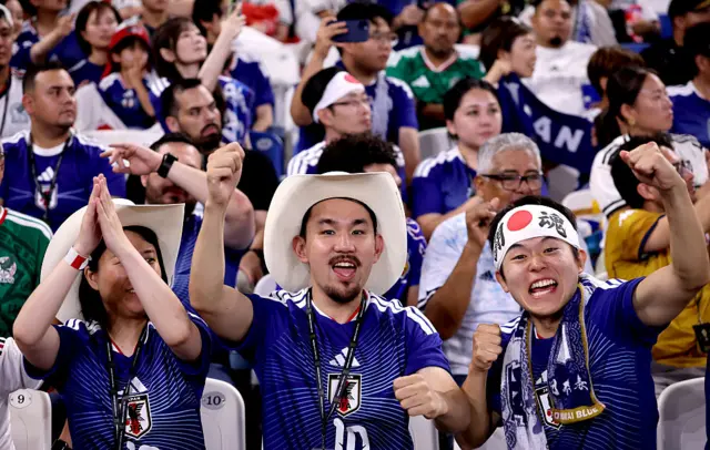 Japan fans cheer in the stands during the FIFA World Cup 2026 Group F match between Tunisia and Japan at Monterrey Stadium on June 20, 2026 in Monterrey, Mexico.