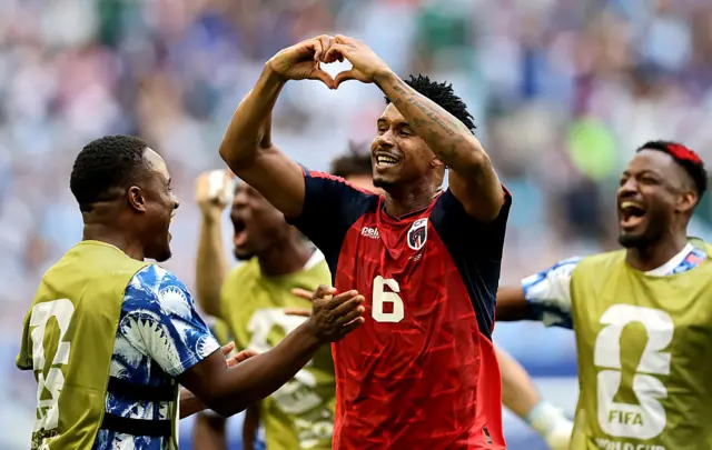 Kevin Pina #6 of Cabo Verde celebrates with teammates after scoring the team's first goal during the FIFA World Cup 2026 Group H match between Uruguay and Cabo Verde