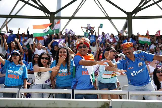 India fans show their support during the ICC Women's T20 World Cup Group A match between South Africa and India at Old Trafford Cricket Ground