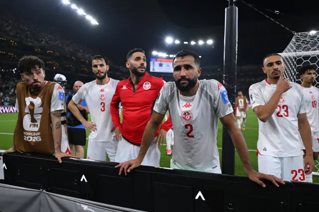 Ali Abdi #2 of Tunisia and teammates applaud fans after the 0-4 loss during the FIFA World Cup 2026 Group F match between Tunisia and Japan at Monterrey Stadium