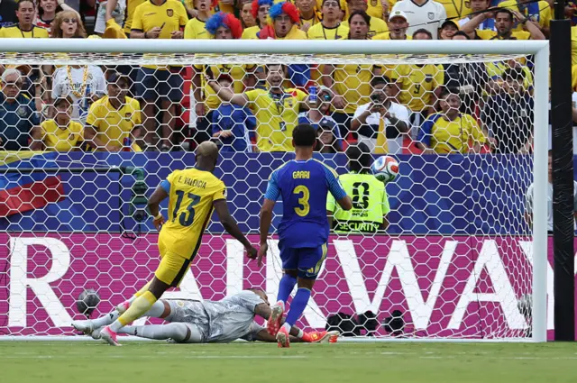 A shot by Enner Valencia #13 of Ecuador floats away from the goal after a save by Eloy Room #1 of Curacao in the first half of the FIFA World Cup 2026 Group E match between Ecuador and Curacao