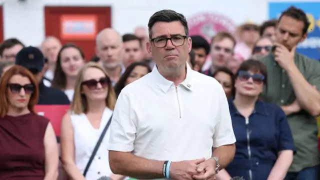 Newly elected Labour Member of Parliament for Makerfield Andy Burnham (C) addresses supporters after winning the Makerfield by-election in Wigan, Britain, 19 June 2026