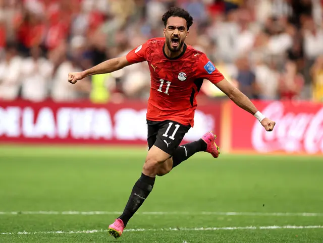 Mostafa Zico #11 of Egypt celebrates scoring his team's first goal during the FIFA World Cup 2026 Group G match between New Zealand and Egypt