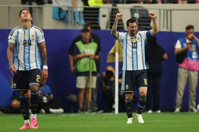 Lionel Messi #10 of Argentina holds two fists in the air