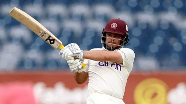 Ricardo Vasconcelos batting for Northants at Durham and playing a pull shot
