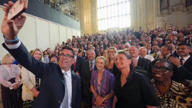 Andy Burnham with colleagues from the Parliamentary Labour Party in Westminster Hall at the Houses of Parliament in central London, as he returns to the House of Commons to take up his seat after winning the Makerfield by-election. Picture date: Monday June 22, 202