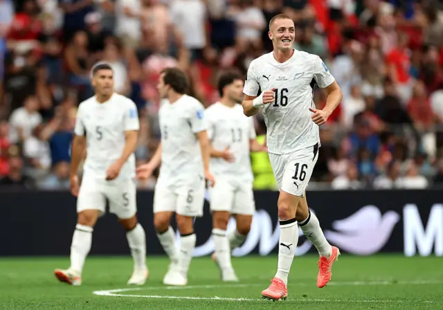 : Finn Surman #16 of New Zealand celebrates scoring his team's first goal during the FIFA World Cup 2026 Group G match between New Zealand and Egypt