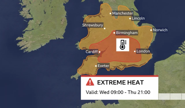 A map showing the areas of England and Wales covered by the red weather warning