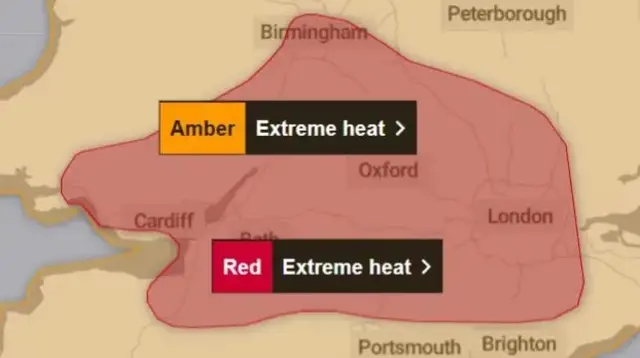 A map showing Britain's south, highlighting an amber and red weather alert.
