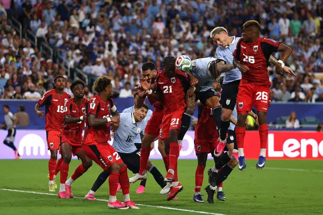 Nuno da Costa #21 of Cabo Verde competes for a header against Darwin Nunez #9 of Uruguay during the FIFA World Cup 2026 Group H match between Uruguay and Cabo Verde