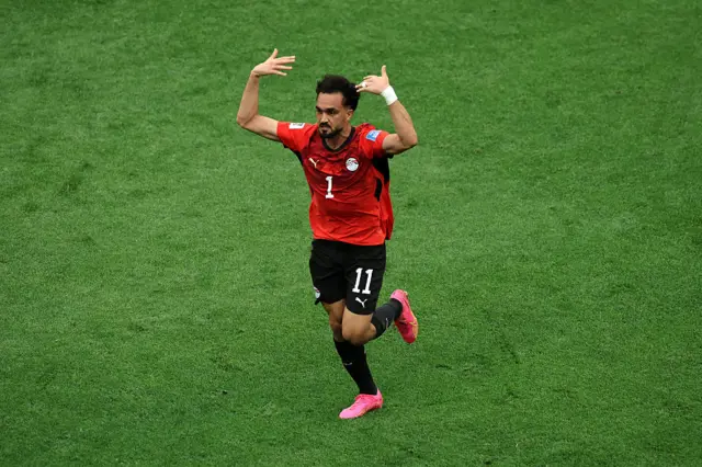 Mostafa Zico #11 of Egypt celebrates scoring his team's first goal during the FIFA World Cup 2026 Group G match between New Zealand and Egypt