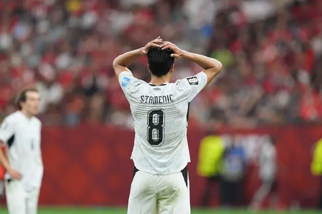 Marko Stamenic (8) of New Zealand reacts after conceding a goal during the 2026 FIFA World Cup Group G match between New Zealand and Egypt