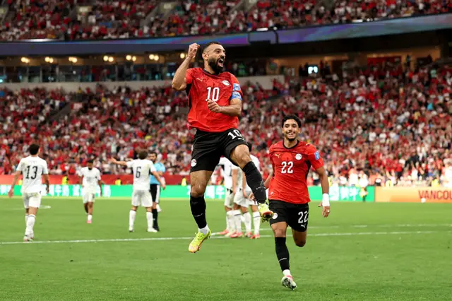 Mohamed Salah #10 of Egypt celebrates scoring his team's second goal during the FIFA World Cup 2026 Group G match between New Zealand and Egypt