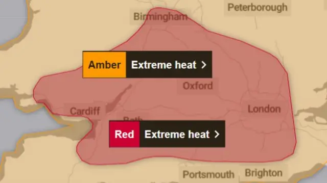 A map graphic showing red and amber extreme heat alerts across England and Wales.