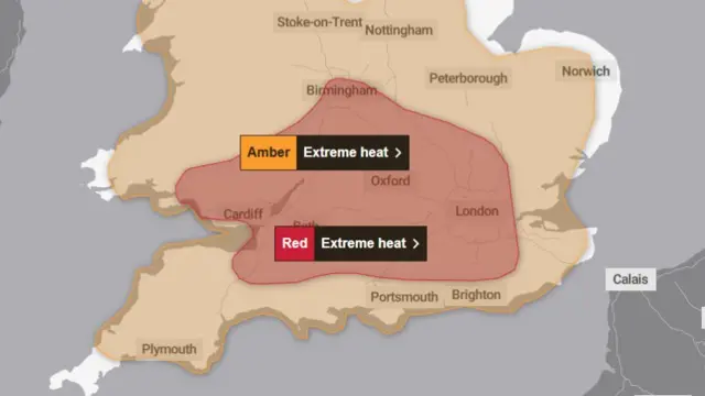 A screenshot from a map of the UK, showing a large area of amber and a smaller red area within it, covering the whole west of England.