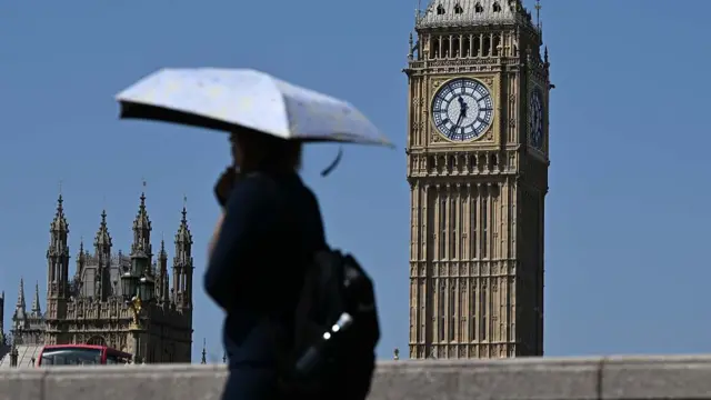The silhouette of a woman walking with an umbrella with Big Ben in the background.