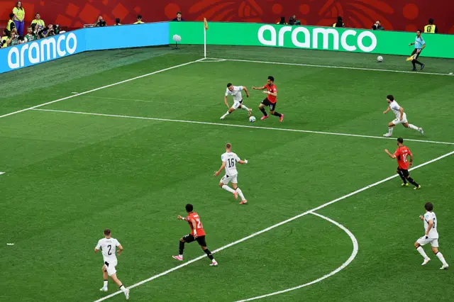 A general view as Michael Boxall #5 of New Zealand competes for the ball against Mostafa Zico #11 of Egypt during the FIFA World Cup 2026 Group G match between New Zealand and Egypt