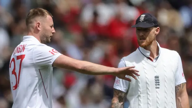 Gus Atkinson and Ben Stokes talking bowling tactics for England at Lord's