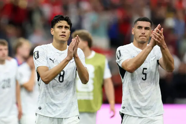 Marko Stamenic #8 and Michael Boxall #5 of New Zealand applaud fans after the 1-3 loss during the FIFA World Cup 2026 Group G match between New Zealand and Egypt