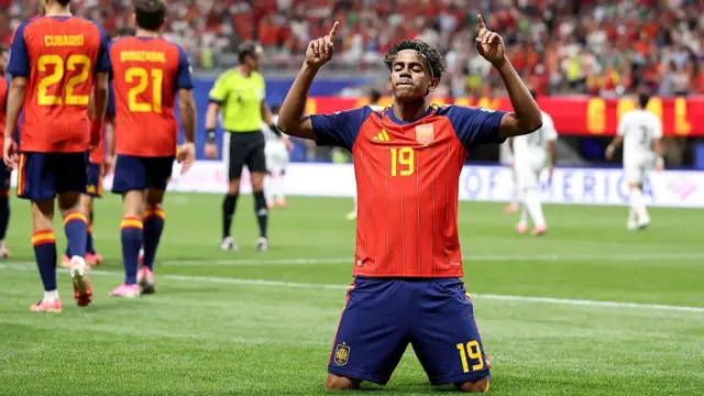 Spain's Lamine Yamal celebrates after scoring in their 4-0 win over Saudi Arabia