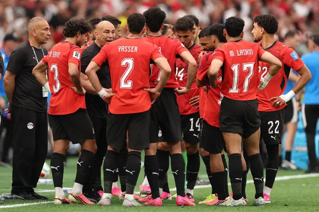 Hossam Hassan, Head Coach of Egypt, speaks with his players during the FIFA World Cup 2026 Group G match between New Zealand and Egypt