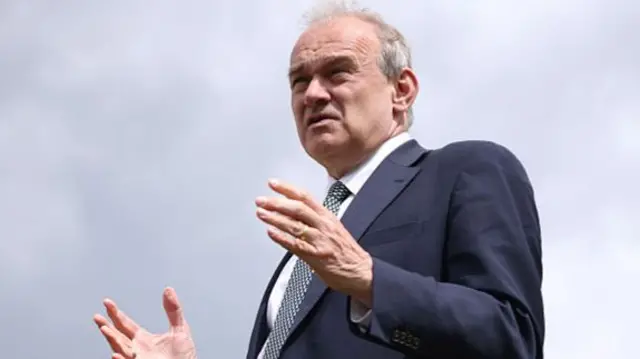 Ed Davey, leader of the Liberal Democrat party speaks to the media during a rally to finish their local election campaign at Redhill Memorial Park on May 06, 2026