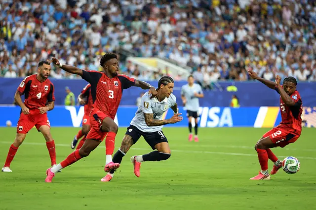 Cape Verde's defender #03 Diney Borges, Uruguay's forward #09 Darwin Nunez and Cape Verde's defender #22 Steven Moreira fight for the ball during the 2026 World Cup Group H football match between Uruguay and Cape Verde