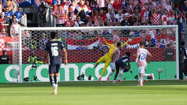 Dominik Livakovic of Croatia saves the ball during the 2026 FIFA World Cup First Stage Group L match between Panama and Croatia.