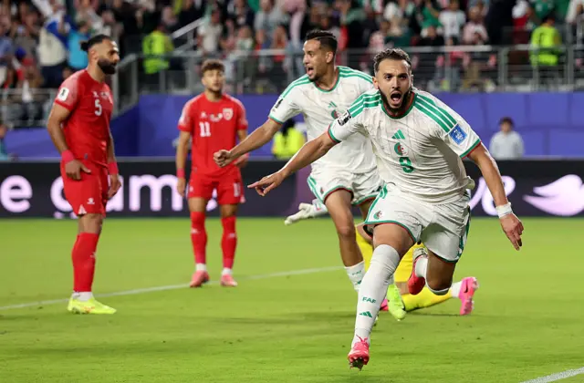 Amine Gouiri #9 of Algeria celebrates scoring his team's second goal during the FIFA World Cup 2026 Group J match between Jordan and Algeria