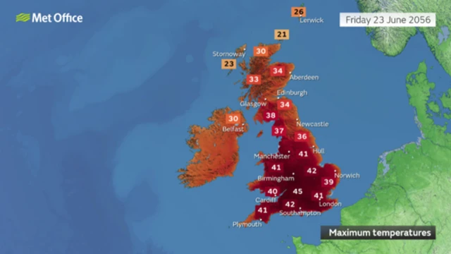 A map showing the maximum temperatures that could be experienced by the UK in 2056