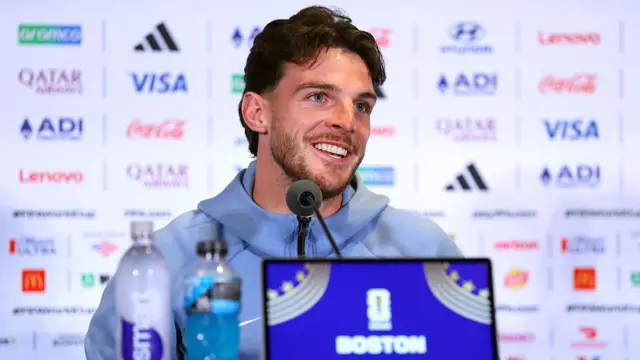 Declan Rice speaks in a news conference