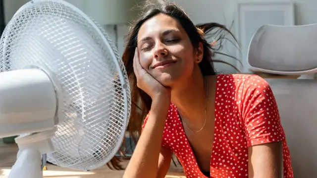 Smiling woman sitting with electric fan at desk in home - stock photo
