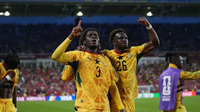 Caleb Yirenkyi (3) of Ghana celebrates after scoring a goal during 2026 FIFA World Cup First Stage Group L match between Ghana and Panama at Toronto Stadium (BMO Field) in Toronto, Ontario, Canada on June 17, 2026.