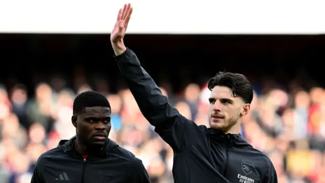 Thomas Partey and Declan Rice of Arsenal before the Premier League match between Arsenal FC and West Ham United FC at Emirates Stadium on February 22, 2025 in London, England. (