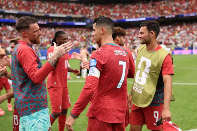 Cristiano Ronaldo #7 and players of Portugal celebrate after the team's 5-0 victory