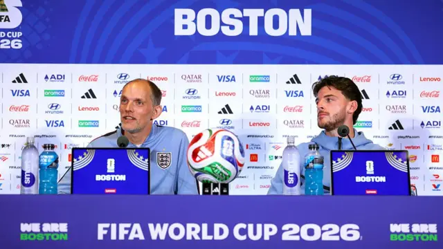 Declan Rice and Thomas Tuchel in a news conference